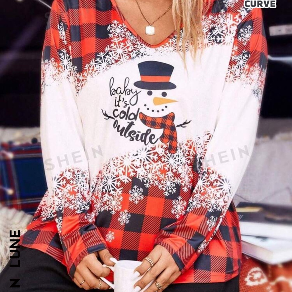 SHEIN LUNE Plus Christmas Snowman &
Plaid Print Tee size XL